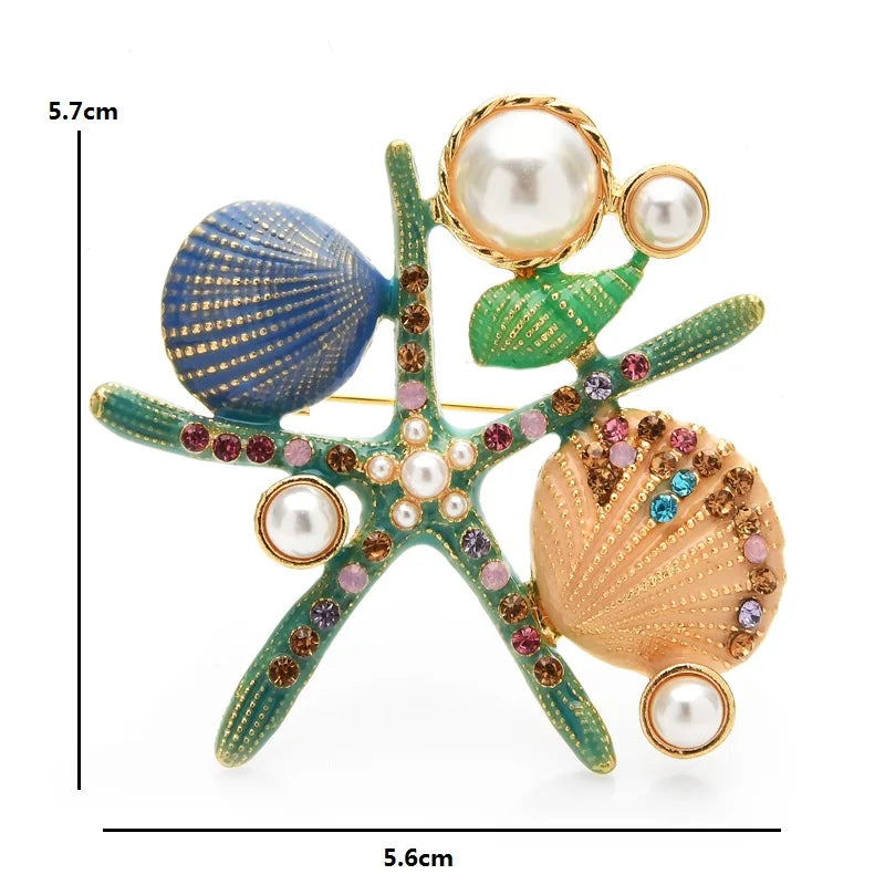 Enamel Starfish and Shells Brooch