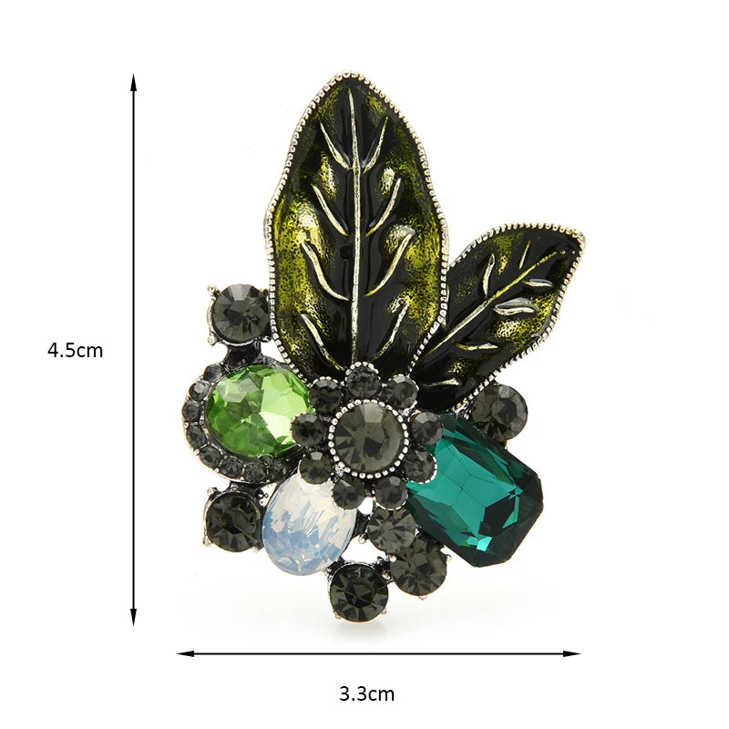 Jeweled Botanical Leaf Cluster Brooch