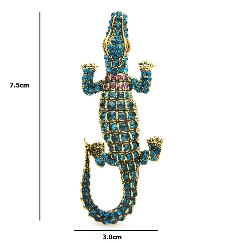Blue and Green Rhinestone Crocodile Brooch