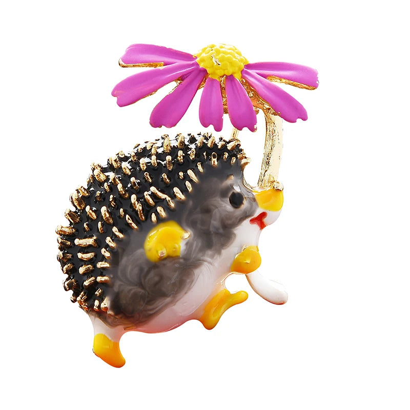 Hedgehog Holding Daisy Flower Brooch