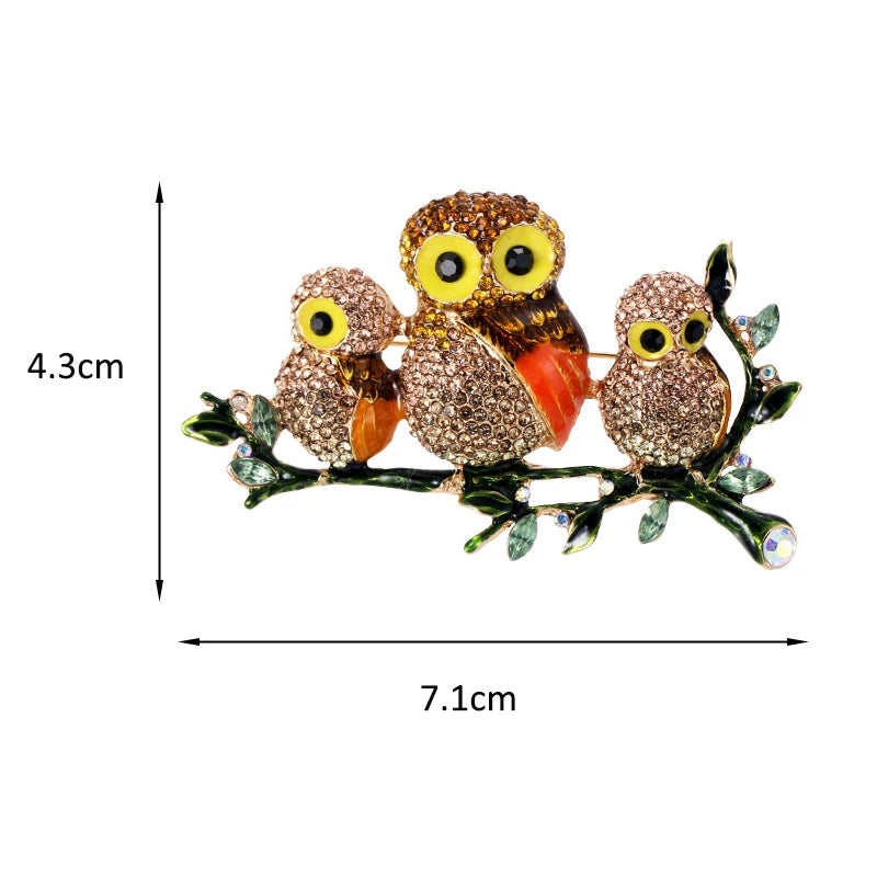 Jeweled Owl Family on a Branch Brooch