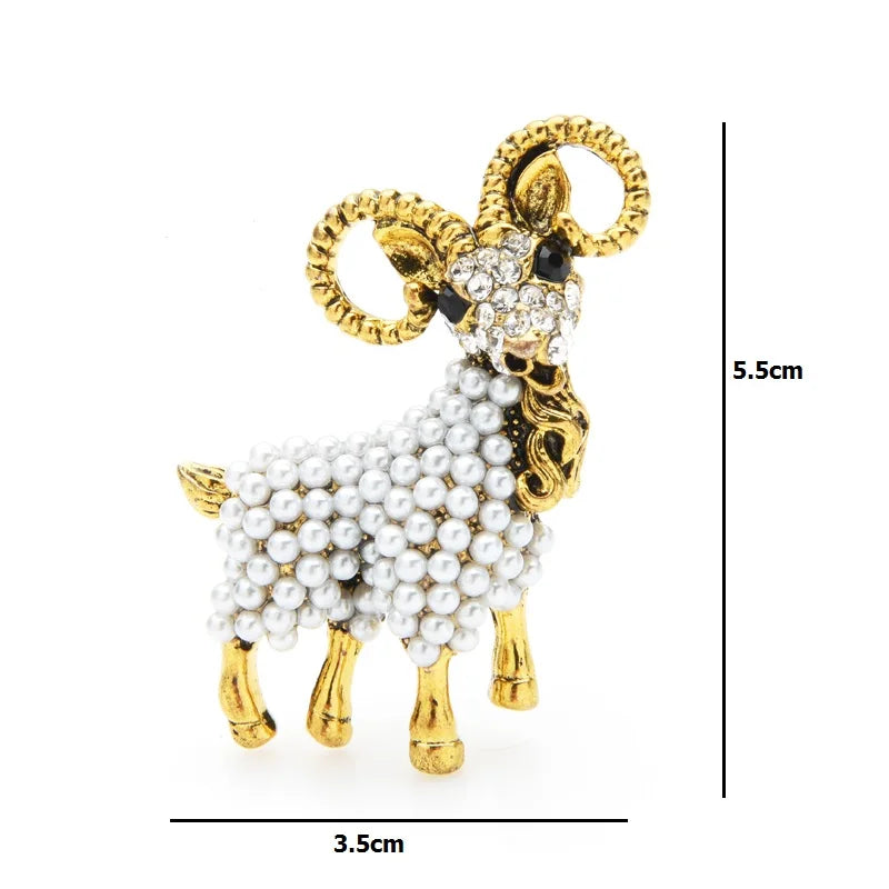 Pearl-Look Ram with Curled Horns Brooch