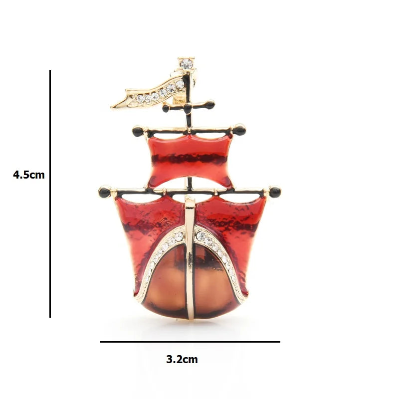 Red Enamel Tall Ship Brooch