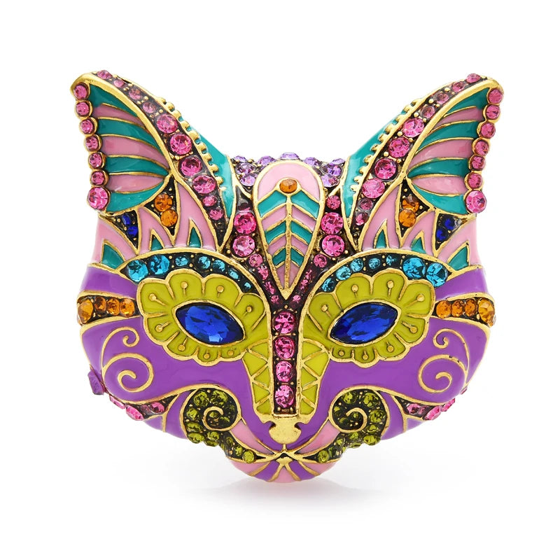 Ornate Enamel Cat Face with Blue Eyes Brooch — Multicolor