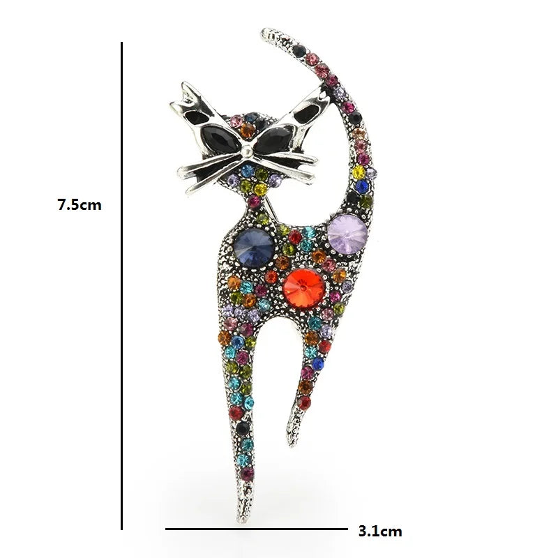 Long Multicolor Jeweled Cat Brooch