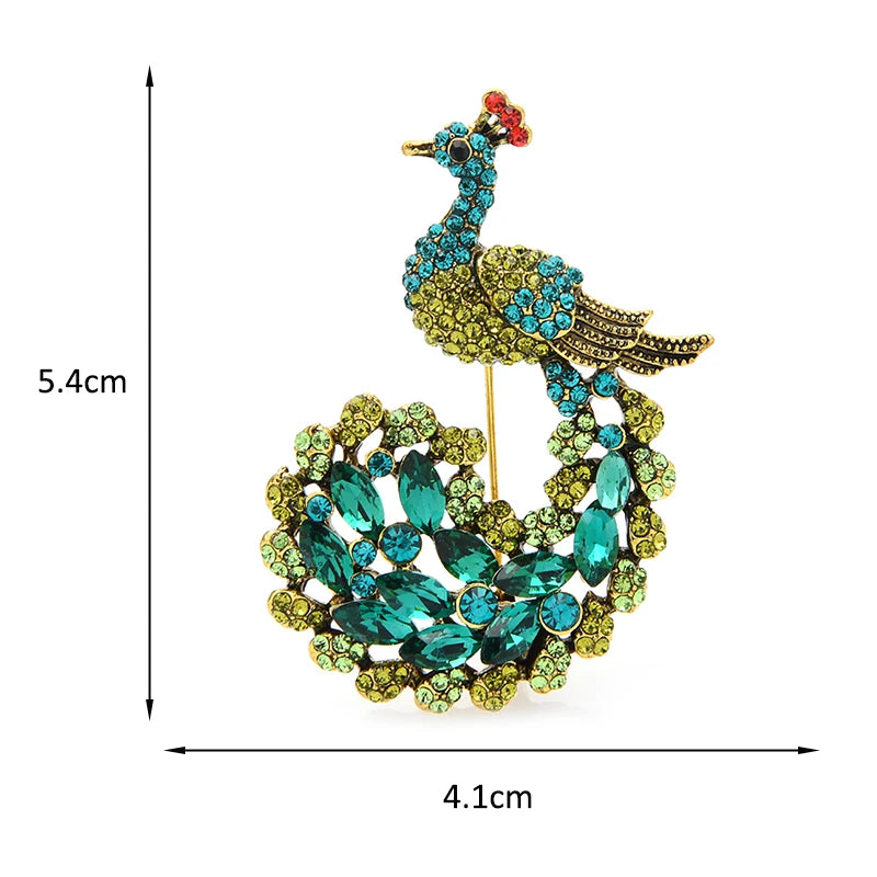 Jeweled Peacock with Curled Tail Brooch