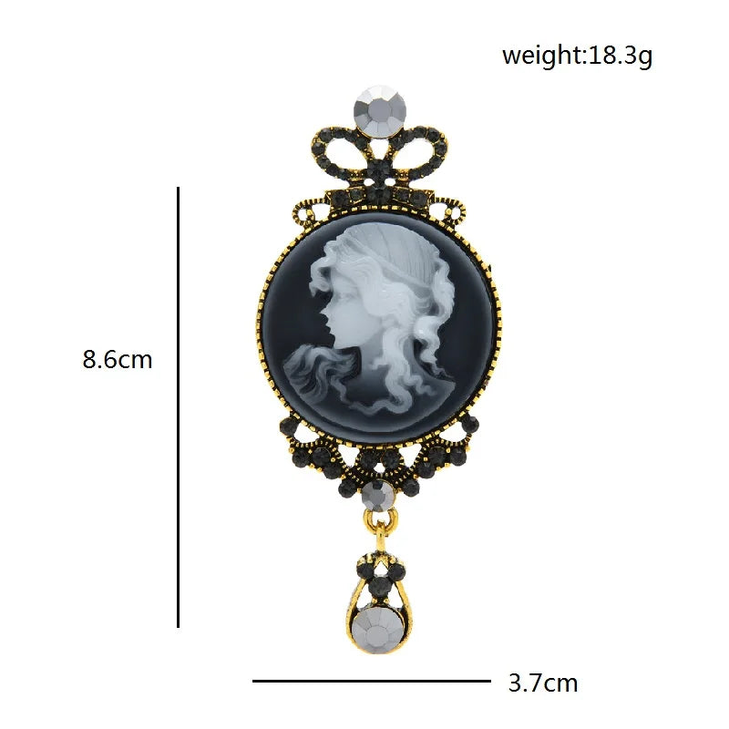 Jeweled Lady Cameo Drop Brooch