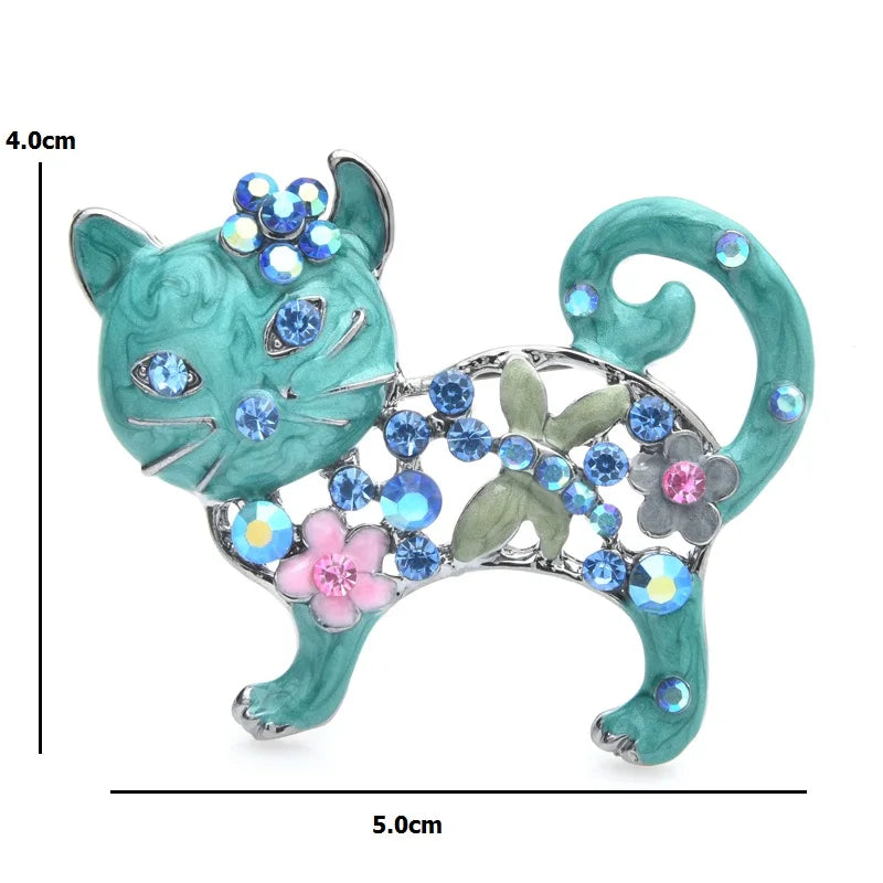 Floral Openwork Enamel Cat Brooch