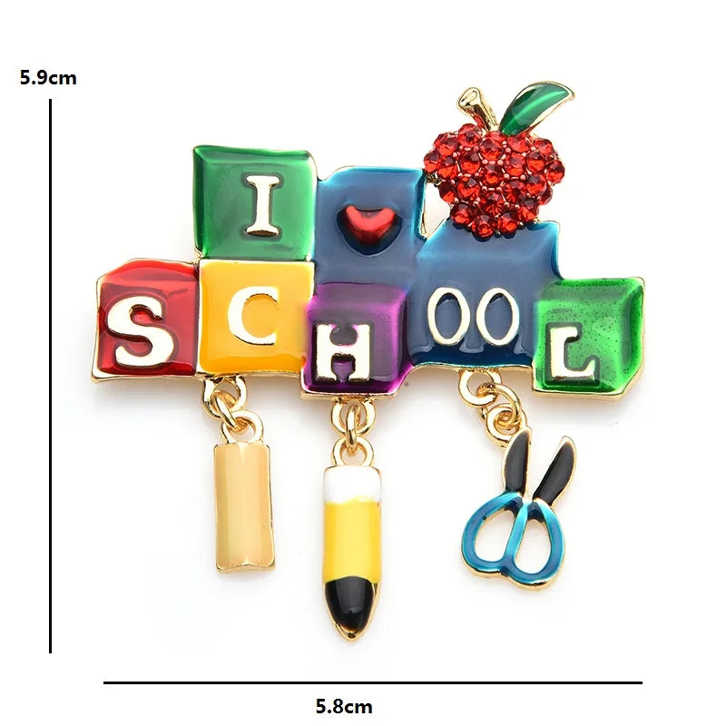 School Letters with Pencil and Apple Brooch — dimensions