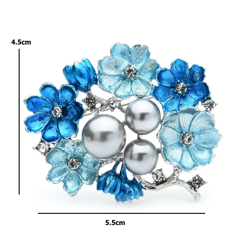 Blue Enamel Flowers and Pearl-Look Cluster Brooch