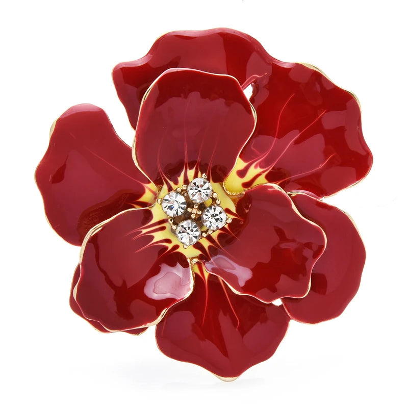 Large Enamel Blossom with Faceted Center Brooch — Red