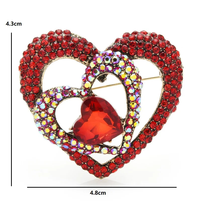 Layered Red Rhinestone Heart Brooch