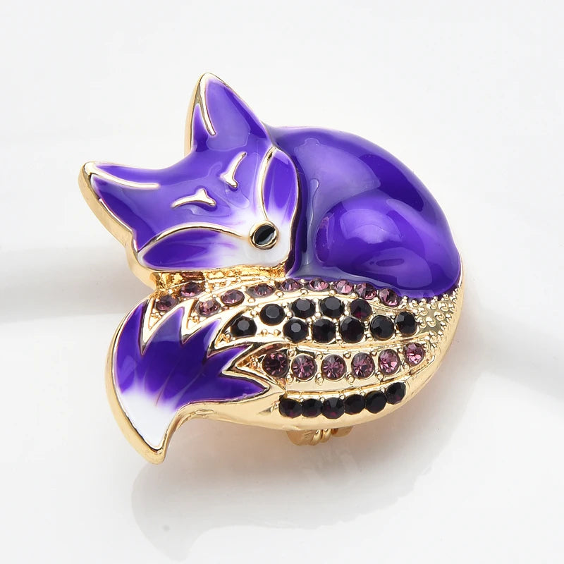 Sleeping Enamel Fox with Jeweled Tail Brooch