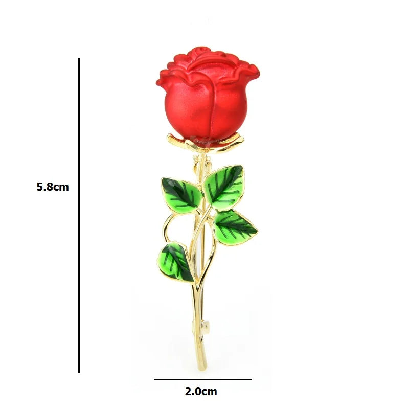 Red Enamel Rose Stem Brooch