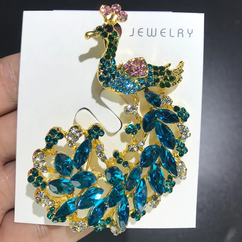 Jeweled Peacock with Curled Tail Brooch