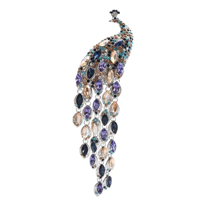 Rhinestone Peacock with Cascading Tail Brooch — Multicolor
