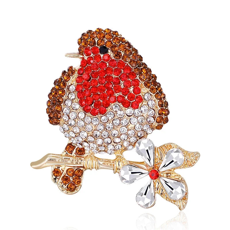 Red-Breasted Rhinestone Bird on Blossom Branch Brooch — Red-Breasted Bird