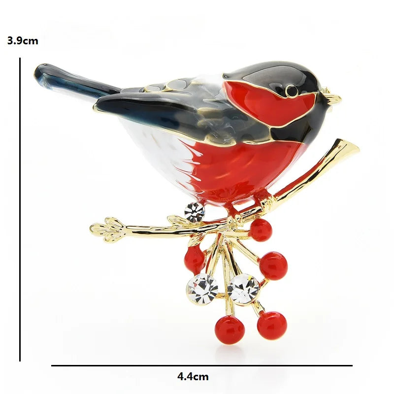 Enamel Bird with Red Berry Charms Brooch