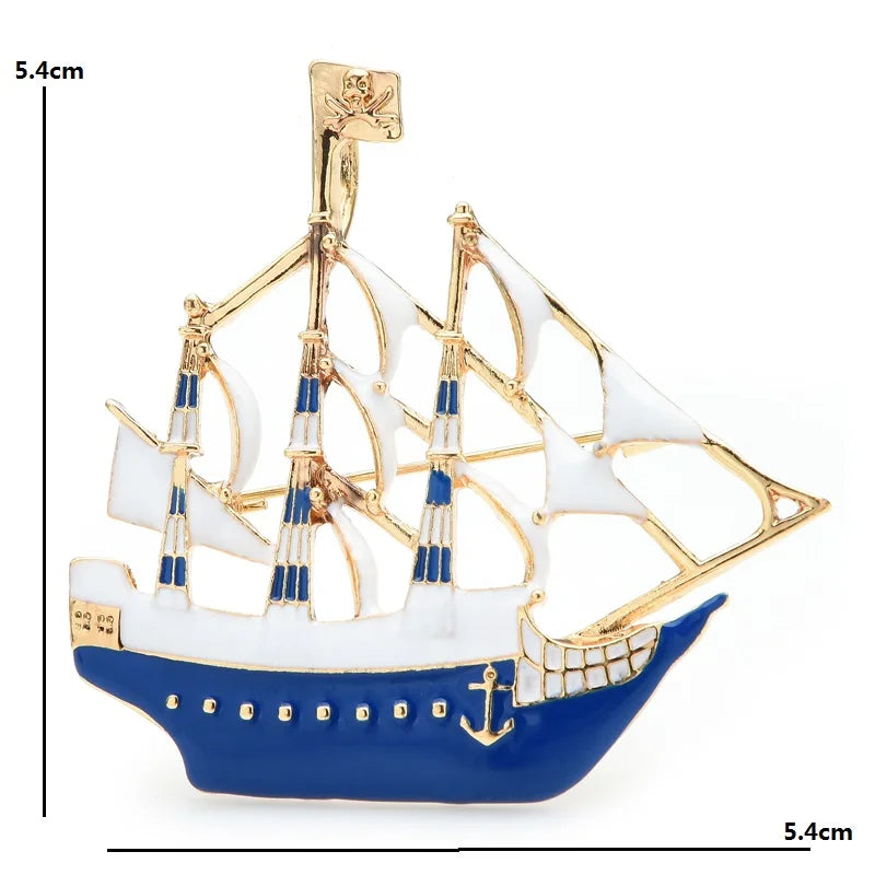 Enamel Three-Masted Sailing Ship Brooch