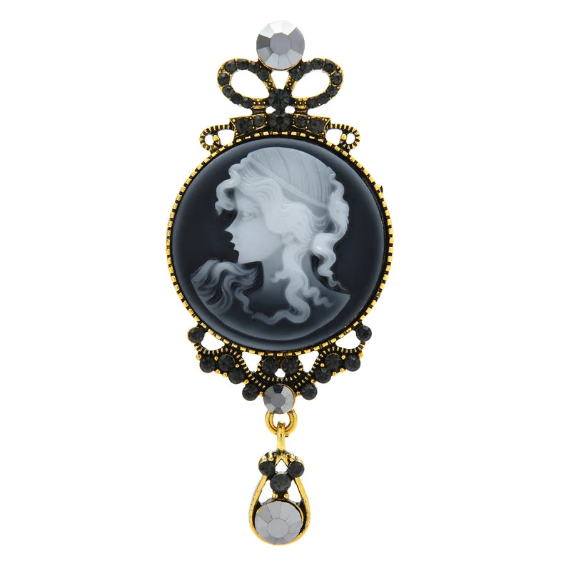 Jeweled Lady Cameo Drop Brooch