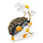 Hedgehog Holding Daisy Flower Brooch