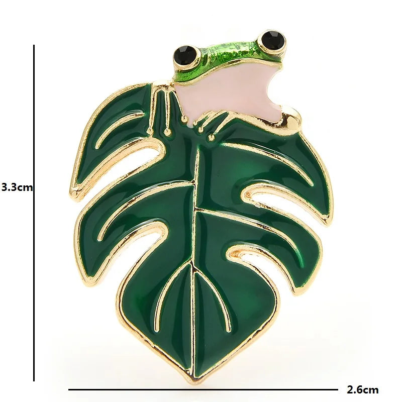Enamel Frog on Monstera Leaf Brooch