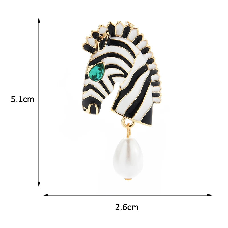 Enamel Zebra Head with Pearl-Look Drop Brooch