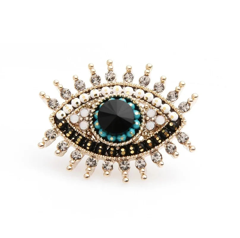 Jeweled Evil Eye with Rhinestone Lashes Brooch — White Accents