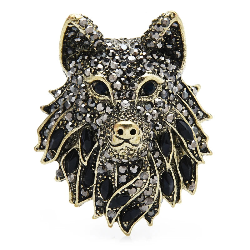 Vintage Jeweled Wolf Head Brooch