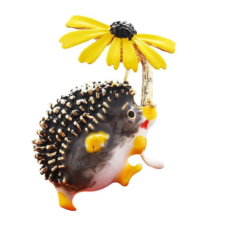 Hedgehog Holding Daisy Flower Brooch