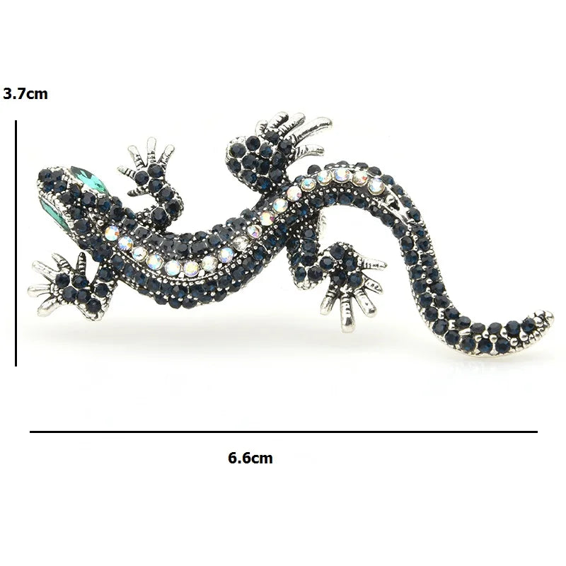 Blue and Clear Rhinestone Gecko Brooch