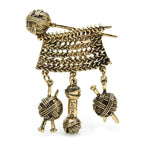Knitting Needles with Dangling Yarn Balls Brooch — Antique Gold