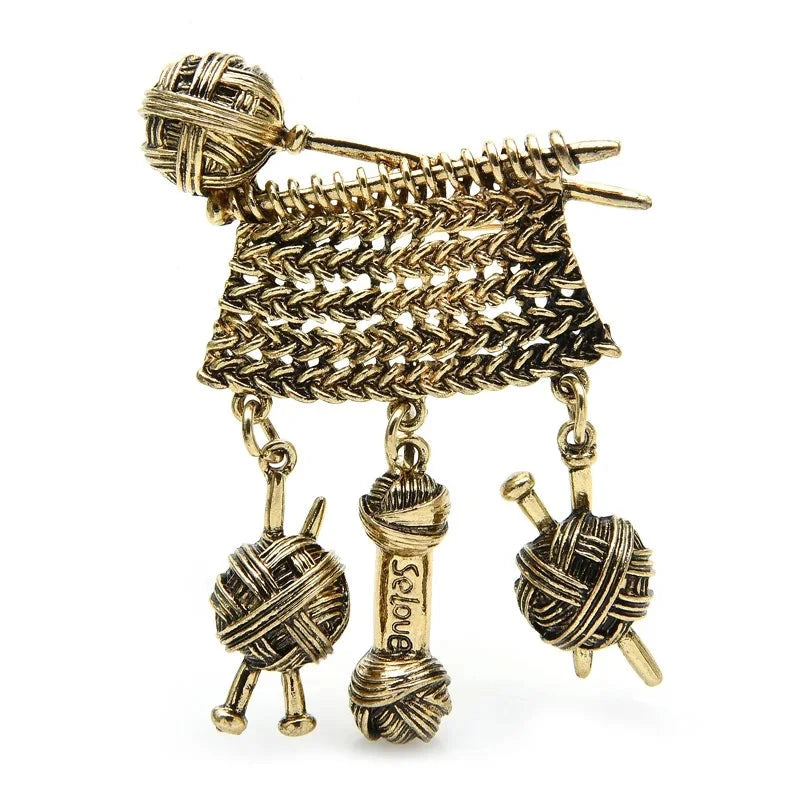 Knitting Needles with Dangling Yarn Balls Brooch — Antique Gold