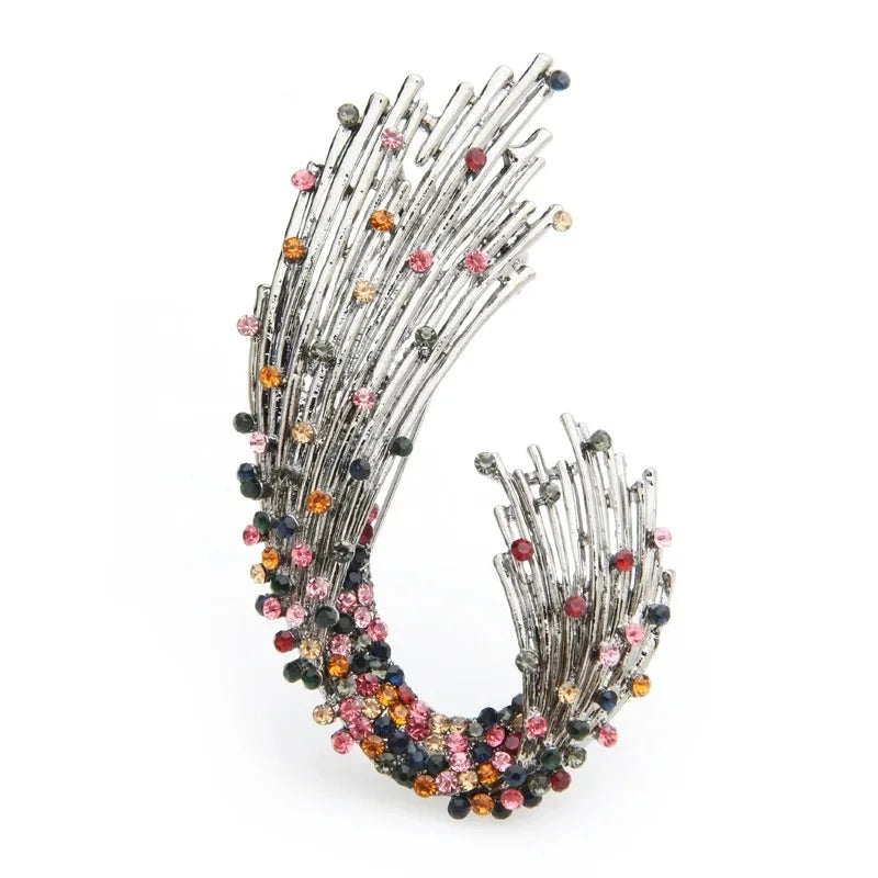 Sweeping Multicolor Rhinestone Spray Brooch — Curved Rhinestone Spray