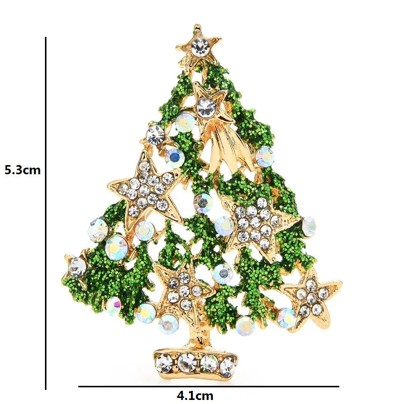 Green Jeweled Star Christmas Tree Brooch