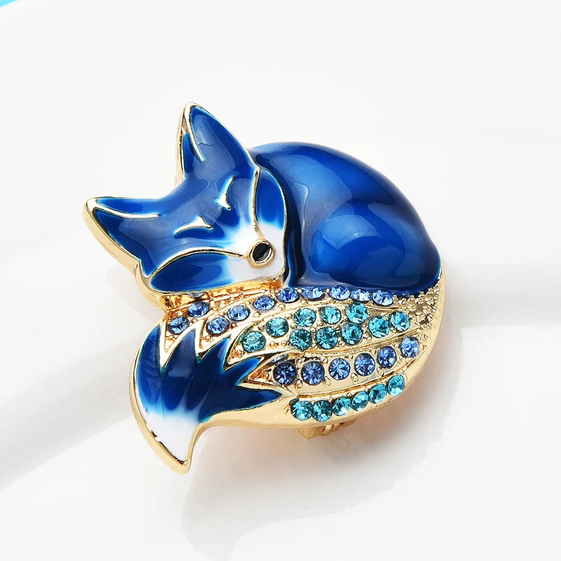 Sleeping Enamel Fox with Jeweled Tail Brooch