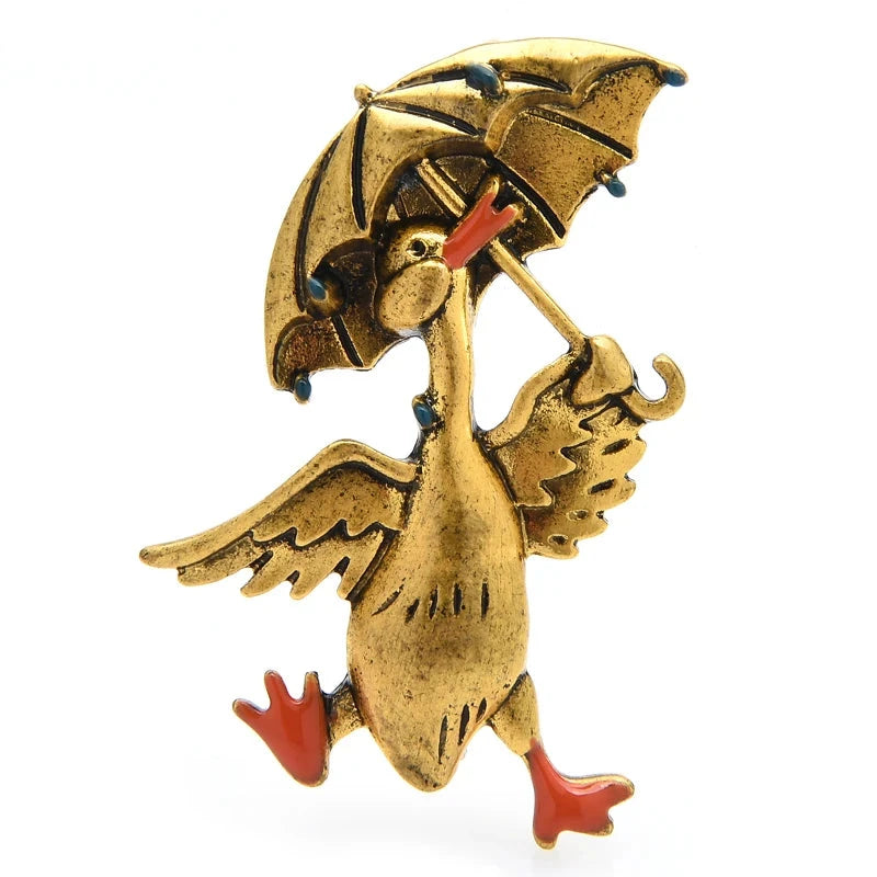 Enamel Duck with Umbrella Brooch — Gold