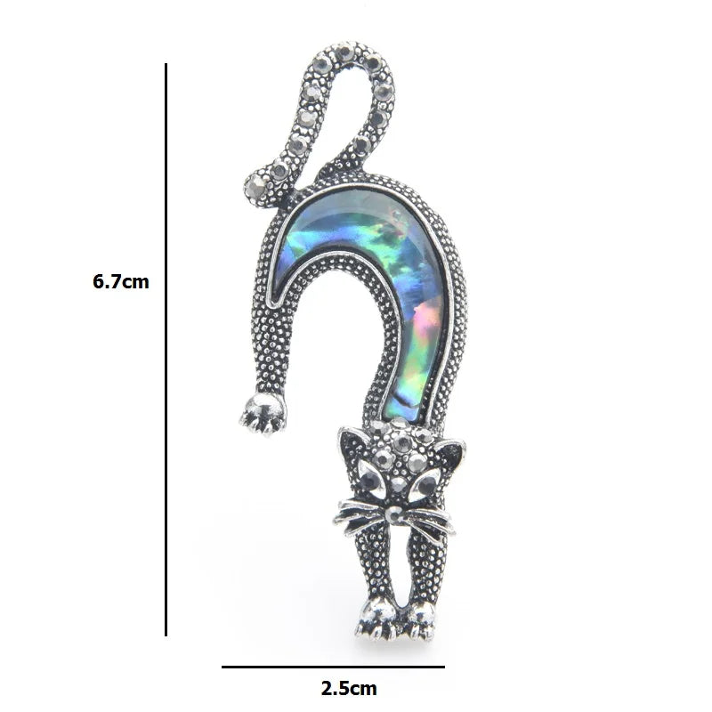 Natural Shell Stretching Cat Brooch