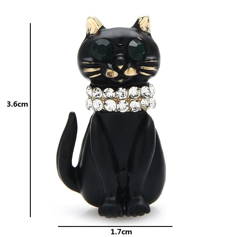 Black Enamel Cat with Jeweled Collar Brooch