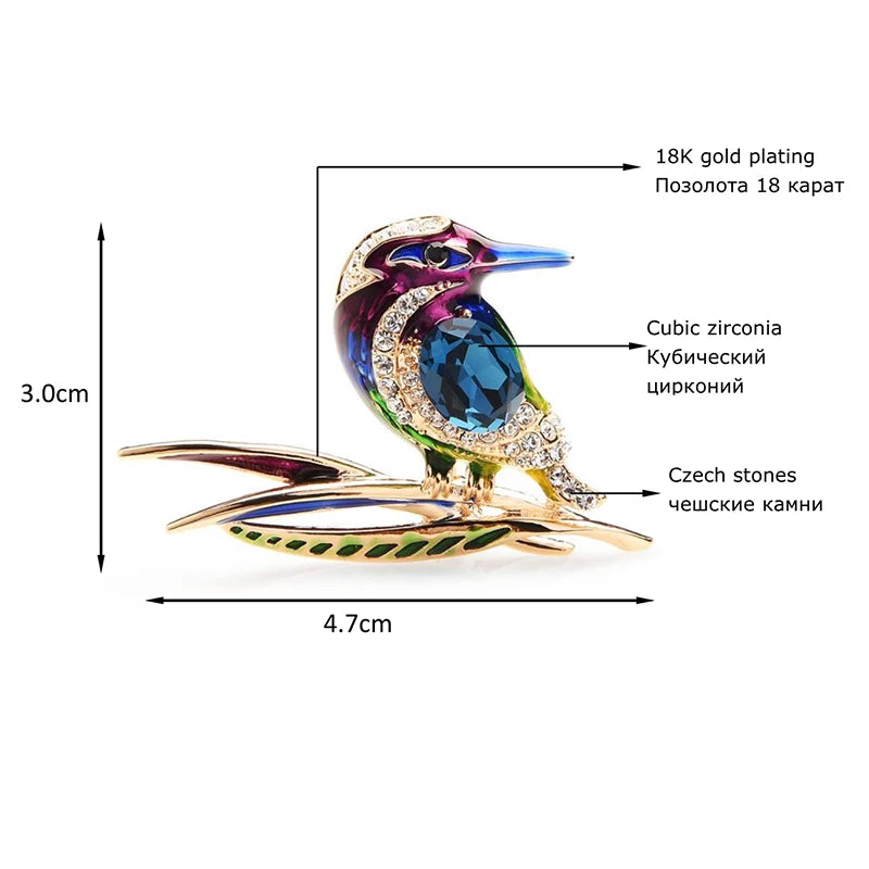 Enamel Bird Perched on a Branch Brooch