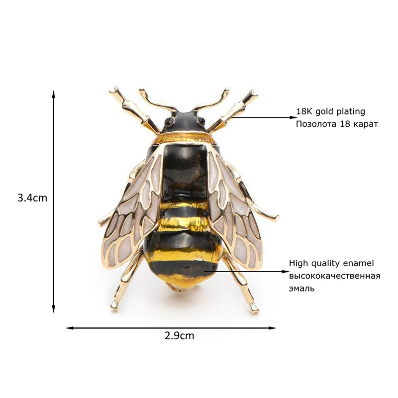 Detailed Black and Yellow Enamel Bee Brooch — dimensions