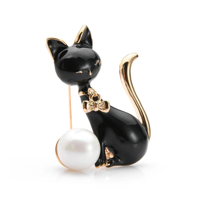 Seated Enamel Cat with Pearl-Look Ball Brooch