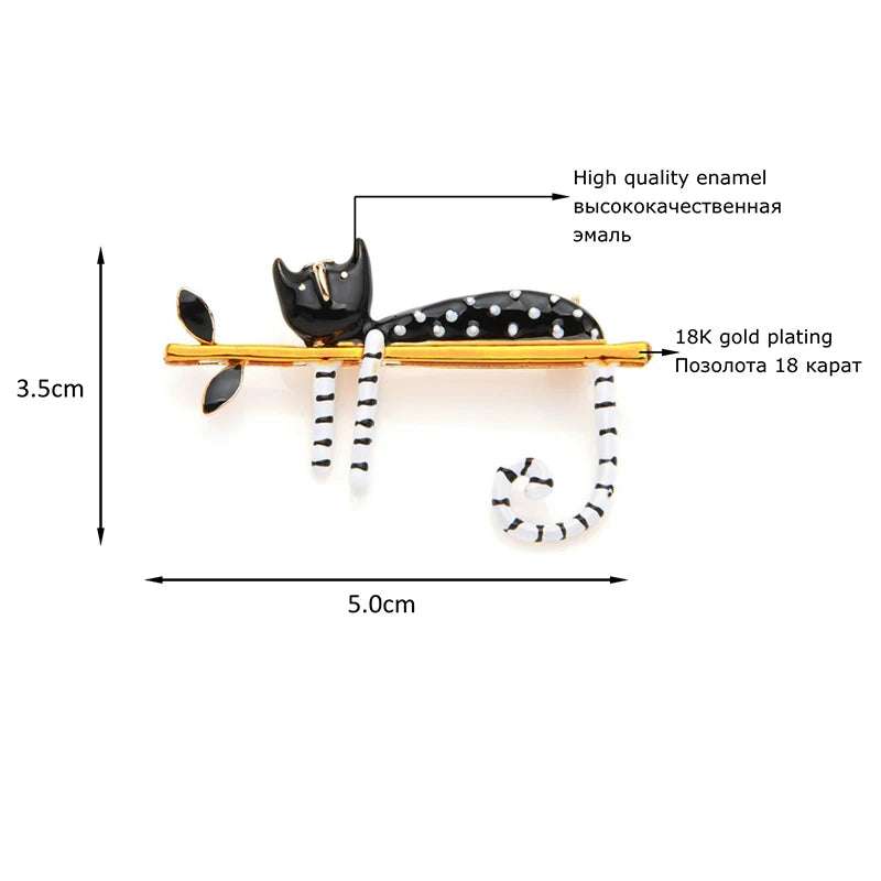 Black Enamel Cat Lounging on Branch Brooch