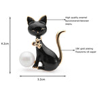 Seated Enamel Cat with Pearl-Look Ball Brooch