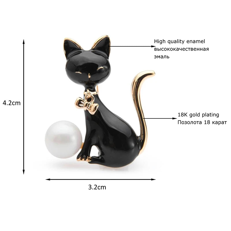 Seated Enamel Cat with Pearl-Look Ball Brooch
