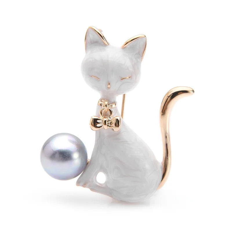 Seated Enamel Cat with Pearl-Look Ball Brooch