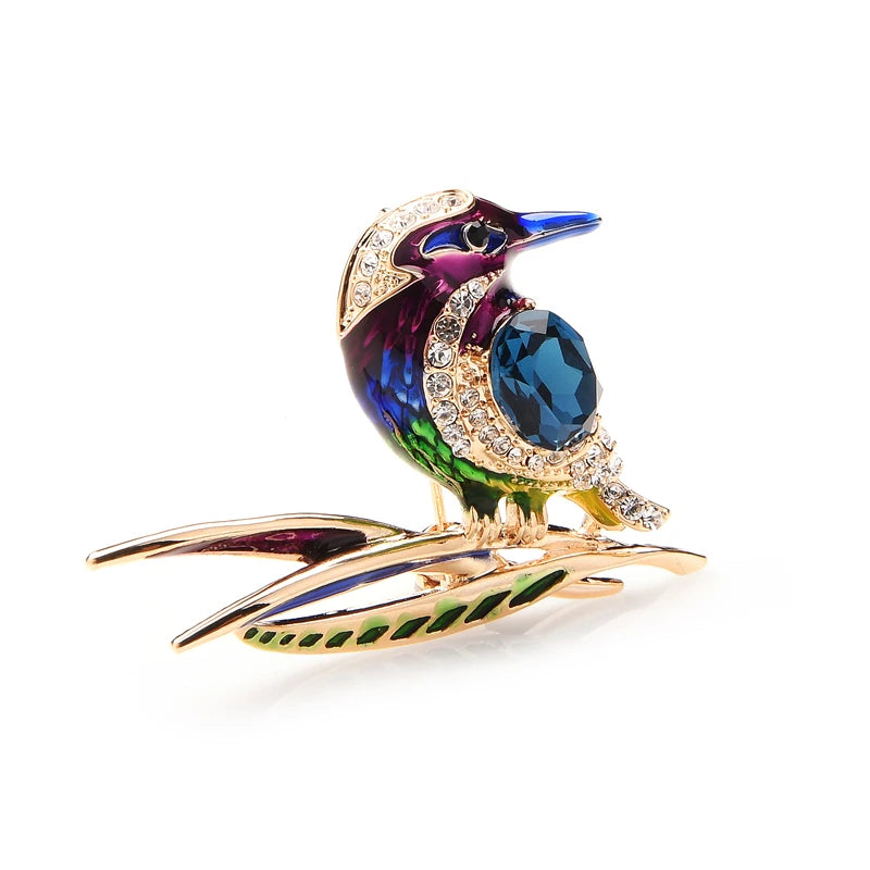 Enamel Bird Perched on a Branch Brooch
