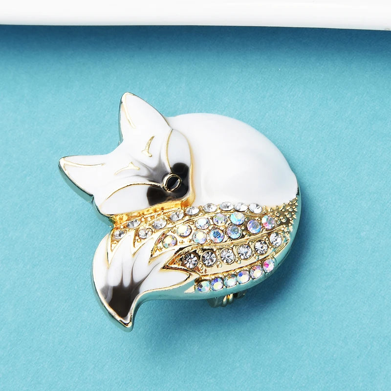 Sleeping Enamel Fox with Jeweled Tail Brooch