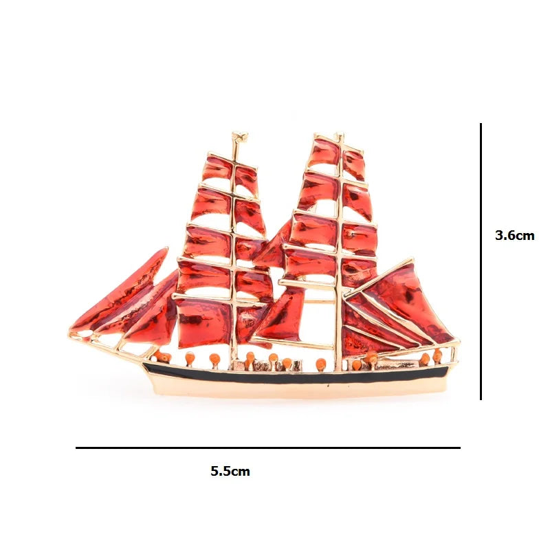 Red Enamel Clipper Ship Brooch