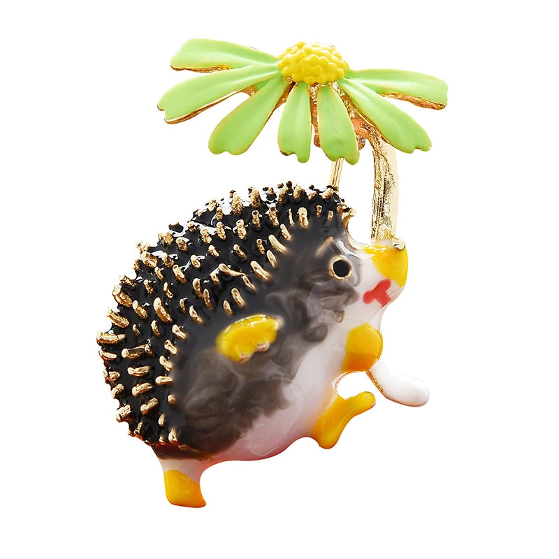Hedgehog Holding Daisy Flower Brooch